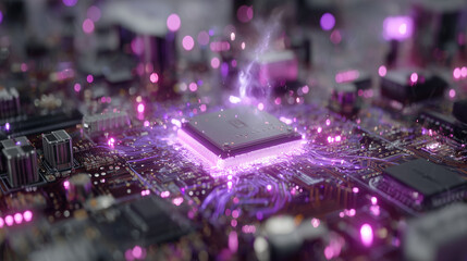 Fototapeta premium A futuristic circuit board glowing with neon purple lights spread out , central microchip illuminated with radiant energy.