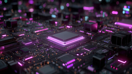 Fototapeta premium Texhnology background , circuit board glowing with neon purple lights, central microchip illuminated with radiant energy.