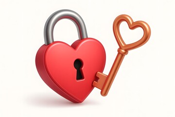 3D Illustration of a Red Heart-Shaped Padlock with a Golden Heart Key on a Light Background, Representing Love, Romance, and Emotional Security
