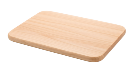 A clean, simple wooden cutting board with rounded corners, isolated on a pure white background. Blank kitchen utensil for food preparation