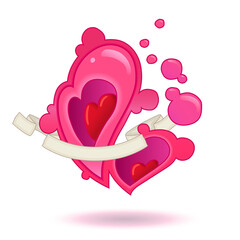 Red hearts with banner for text-to-day a Happy Valentine's day isolated on white background