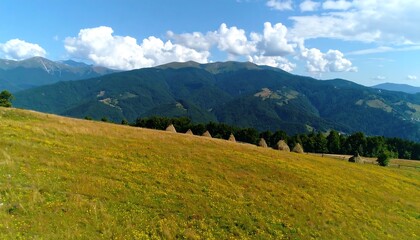Rolling hills, haystacks, and mountain vista