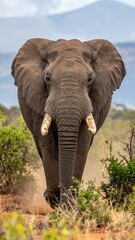 Fototapeta premium A large African elephant walks towards the camera, dust rising from its feet