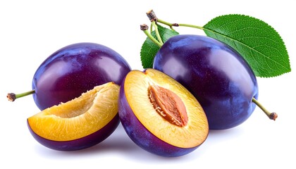 Fresh plums with leaves