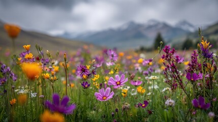 Obraz premium Vibrant Wildflower Meadow with Mountains in the Background Capturing Nature's Beauty in Full Bloom
