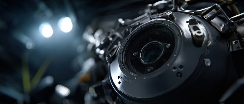 Closeup of futuristic metallic robotic eye with intricate details and lens, showcasing advanced technology and artificial intelligence Concept of robotics, machine vision, and innovation - Powered by Adobe