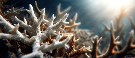Bleached coral reef with sunlight underwater, showing coral bleaching and marine life decline Concept of ocean conservation, climate change, and environmental awareness