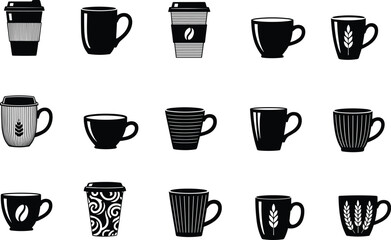 Coffee cup line art, black and white mug illustration, decorative cup designs, to go coffee clipart, cafe beverage outline drawing