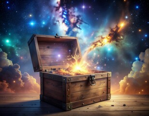 Wooden treasure chest emitting cosmic energy against starry sky