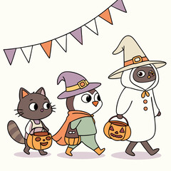 Halloween Animal Parade in Costumes Coloring Page