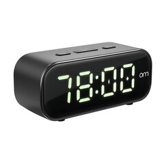 Sleek modern digital alarm clock displays glowing green time, perfect for bedside tables and contemporary living spaces.