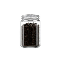 Whole peppercorns fill a clear glass jar, ready to add pungent flavor and aroma to culinary creations, enhancing dishes with spice.
