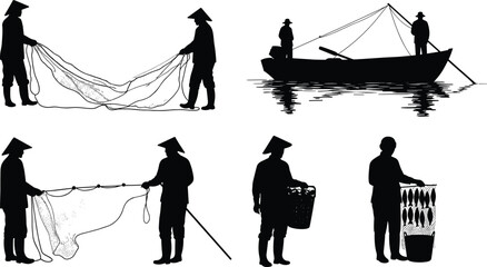Traditional fishing silhouettes, fishermen with nets, boat fishing, drying fish, basket storage, teamwork, rural lifestyle, coastal culture, livelihood, community