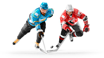 Fototapeta premium Two hockey players shooting the puck. Hockey championship. Hockey. Professional hockey players playing a match. Isolated. Hockey players in action