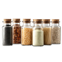 Beautifully arranged glass bottles filled with diverse grains and pasta, perfect for culinary inspiration and healthy eating concepts