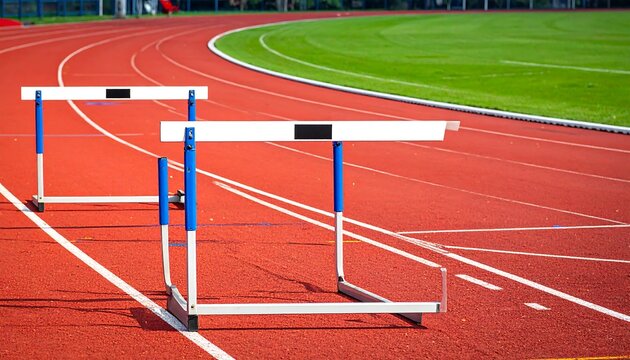 Red track hurdles on sunny day - Powered by Adobe