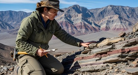 Female geologist exploring sedimentary rock layers in arid mountainous landscape for scientific study