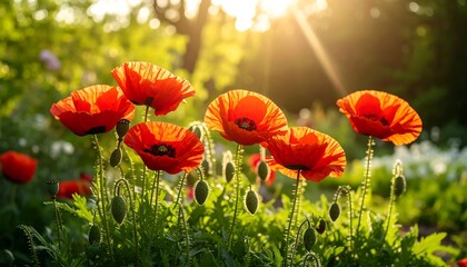 Vibrant Red Poppies in Sunlight: Close-up of Blooming Flowers in a Garden