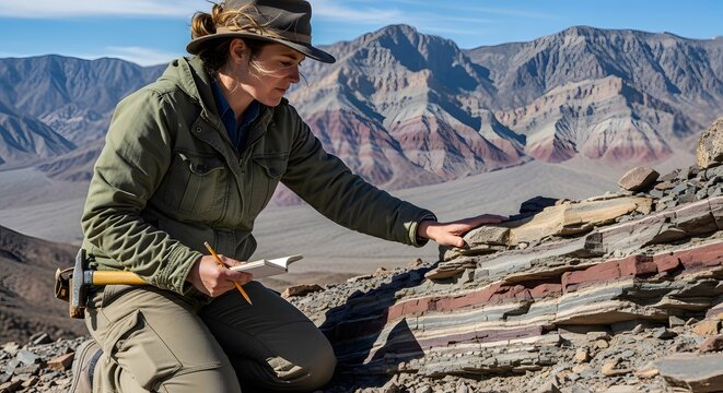 Female geologist exploring sedimentary rock layers in arid mountainous landscape for scientific study - Powered by Adobe
