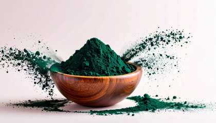 Spirulina Powder in Wooden Bowl with Copy Space. Vegan Lifestyle. Generated Image