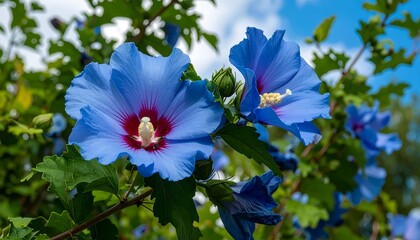 Vibrant blue hibiscus blooms in garden