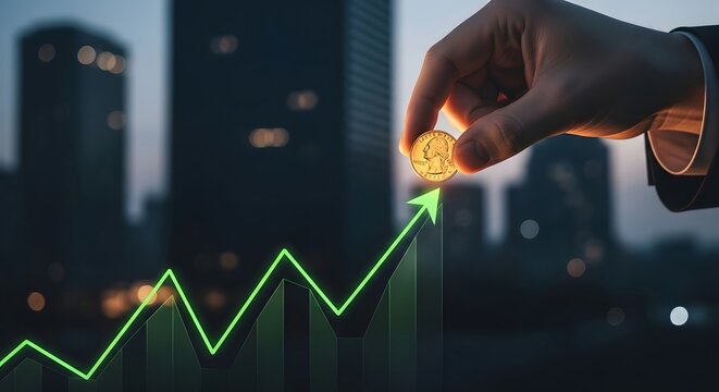Financial growth concept with rising graph and hand holding coin in city background for business success and investment themes