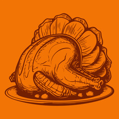Doodle turkey on an orange background, Thanksgiving abstract card design eps10 