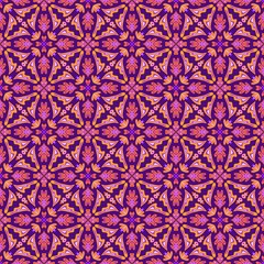 Seamless ornamental floral pattern in bright orange and purple on dark violet background. Perfect for textile, fabric print, wallpaper, wrapping paper, scrapbooking, backdrop, digital design