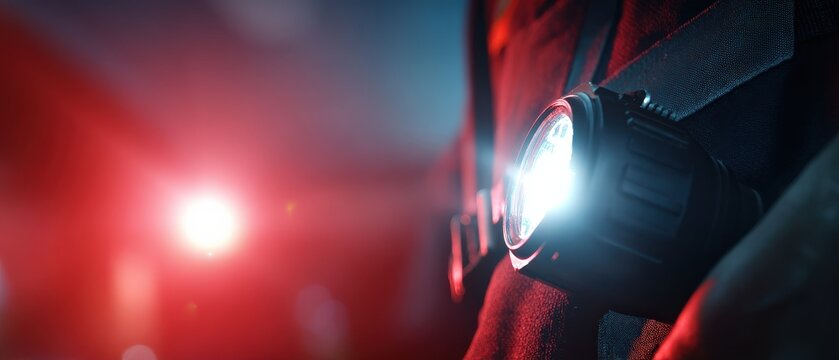 Closeup of a bright headlamp illuminating the darkness, worn by an unrecognizable person Concept of safety, exploration, and adventure in low light conditions - Powered by Adobe
