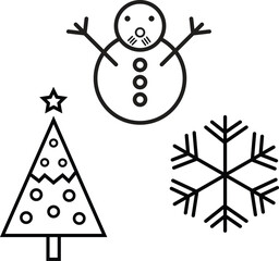 A collection of isolated black outline winter icons. This festive holiday set includes a simple snowman, a Christmas tree, and a snowflake graphic