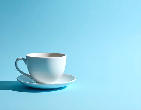 Single teacup on pastel blue background, minimal shadow
- Powered by Adobe