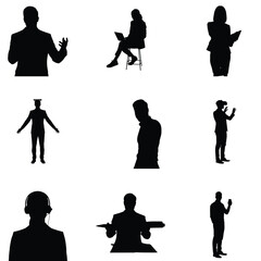 Diverse group of people silhouettes in various activities showcasing technology education and service industry professions in black and white