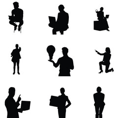 Silhouettes of diverse professionals in various poses showcasing business innovation and communication in a modern minimalist design style