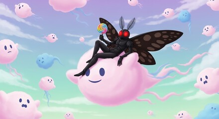 Naklejka premium Mothman Sitting on Cotton Candy Ghost Clouds in a Pastel Gradient Sky Holding a Lollipop