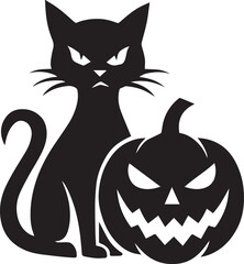 "Spooky Halloween Cat and Jack-o'-Lantern Silhouette Vector – Dark Holiday Illustration"