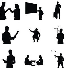 Silhouetted figures depict various business and professional activities including presentations meetings and renewable energy initiatives in vector format