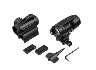 Black-colored red dot sight and magnifier displayed separately on a white background.