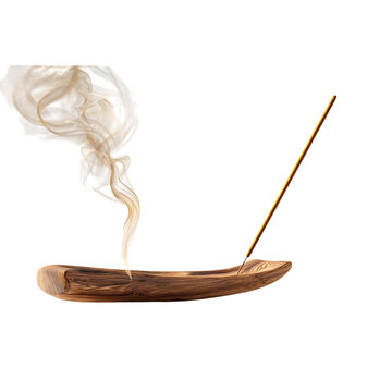 Serene aroma of burning incense stick wafting gentle smoke in a smooth wooden holder, creating calming ambiance for meditation and relaxation.
