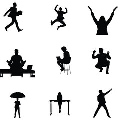 Diverse silhouettes showcase various activities including business leisure and technology use against a clean white background for versatile design use