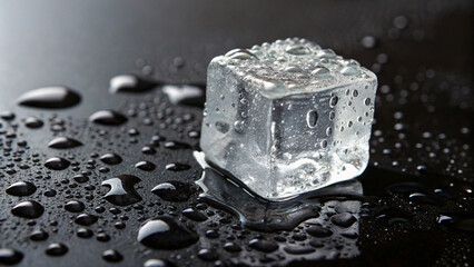 A single ice cube melting on black surface with water droplets, showcasing purity, contrast, and passing moments.
