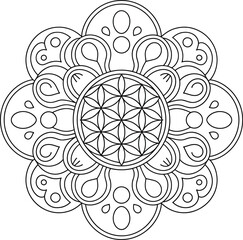 Intricate flower of life mandala design black and white line art illustration