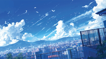 A panoramic view of a cityscape with mountains in the background, featuring a bright blue sky filled with fluffy clouds
