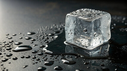 Close-up of melting ice cube with glistening droplets on a smooth dark background, representing freshness and impermanence.
