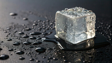 Transparent ice cube slowly melting with shiny droplets on a dark reflective surface, symbolizing coolness and fleeting time.