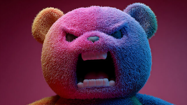 Furious and aggressive multi-colored teddy bear roaring with rage