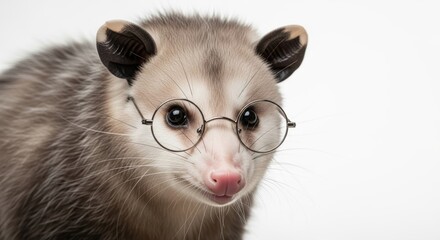 Obraz premium opossum wearing glasses, spectacles eyewear, on a solid white background