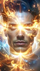 Man with glowing eyes in space