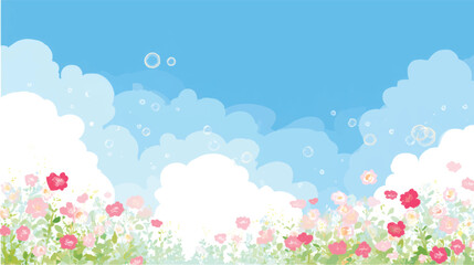 A vibrant illustration of sunflowers in a field under a bright blue sky with fluffy clouds and a sun, featuring whimsical elements like bubbles and a bird