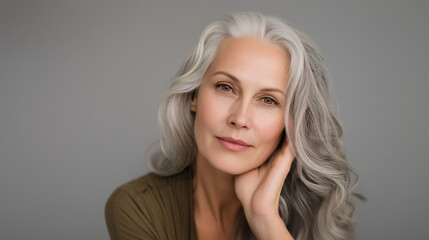 Mature woman with natural silver hair touching face gently, portrait of beauty, elegance and graceful aging on neutral background silver hair woman photo, elegant mature lady, grac