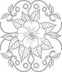 Detailed floral design black and white illustration with swirling leaf patterns